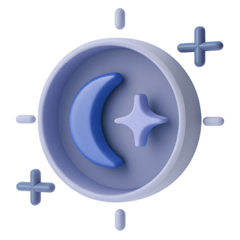 3D A crescent moon and a star inside a circle with four cross-shaped stars around it, light blue and purple colors, transparent background png