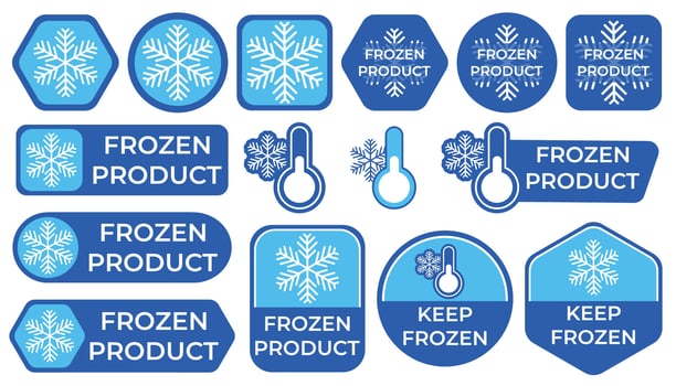 Collection of stickers for packaging frozen food, featuring snowflake icons and text frozen product. vector