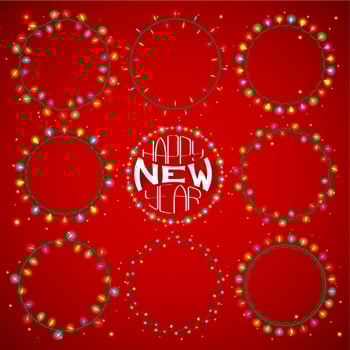 Set of 9 color round garland lights. Glowing christmas lights on red background. seamless round objects. Includes 10 brushes festive strands of Christmas lights vector