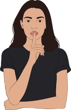 Woman with finger on lips silent gesture in black shirt portrait illustration vector