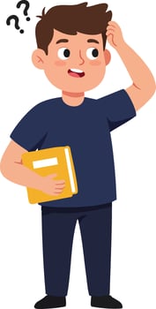 Confused young boy holding book with question marks above head illustration of puzzled child thinking and scratching head vector