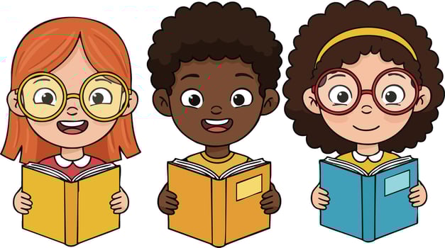 Diverse group of three children reading colorful books with glasses education and learning concept illustration vector