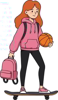 Girl with basketball and backpack standing on skateboard casual sporty lifestyle illustration vector