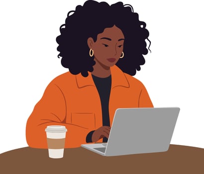 Woman working on laptop with coffee cup casual orange jacket focused digital lifestyle illustration vector