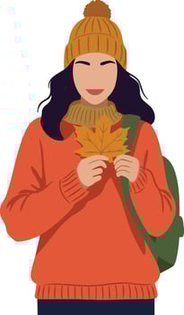 Woman holding autumn leaves wearing orange sweater and brown hat with green backpack illustration portrait vector