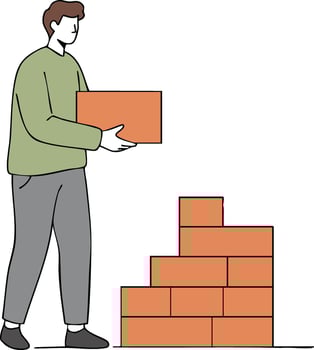 Man carrying orange bricks stacking construction materials for building work illustration vector