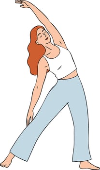 Woman practicing yoga stretching exercise in comfortable clothes with red hair illustration vector