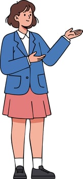 Young woman in blue jacket and pink skirt presenting with open hand gesture illustration vector