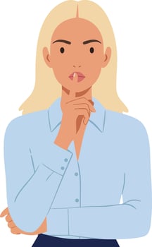 Woman making silence gesture with finger on lips in blue shirt illustration calm expression vector
