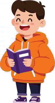 Boy wearing orange hoodie reading purple book happily cheerful illustration vector