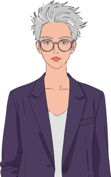 Woman with short grey hair wearing glasses and purple blazer in portrait style illustration vector