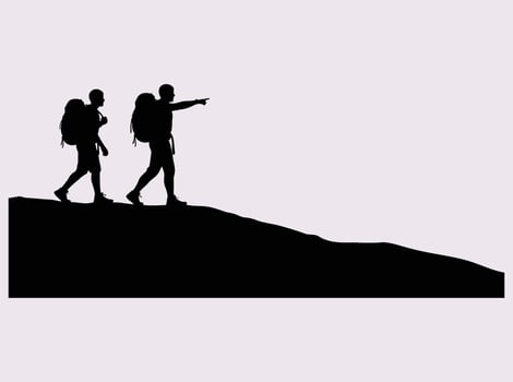 Silhouette of Two Hikers Walking Uphill with Backpacks and Forward Gesture, Symbol of Exploration, Teamwork, and Outdoor Adventure vector