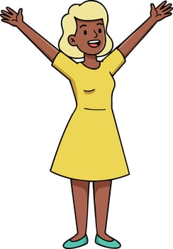 Happy woman in yellow dress raising arms celebrating joy and freedom illustration vector