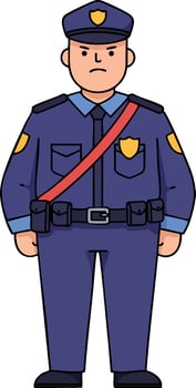 Police officer in uniform standing front view illustration with blue clothes and duty belt vector