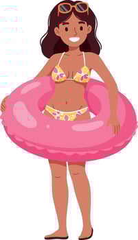 Girl in floral bikini with pink inflatable ring ready for summer beach fun illustration vector