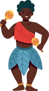 African tribal man dancing with maracas wearing traditional leaf skirt and red sash illustration vector