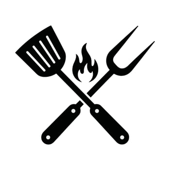 Grill tools icon with flame , crossed spatula and fork silhouette design for BBQ, cooking, summer party, picnic, restaurant branding. vector