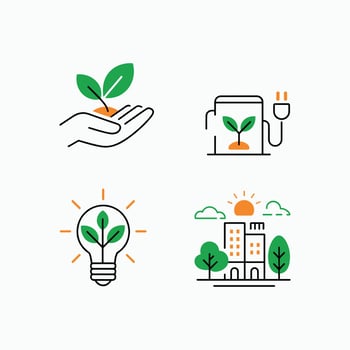 Eco-Friendly Icons Set Featuring Renewable Energy, Green Energy, Sustainable City, Light Bulb, Hand Plant, and Electric Power Concepts. vector