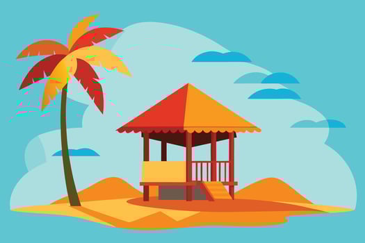 Cartoon Tropical Island with Palm Tree and Gazebo Against Blue Sky Background vector