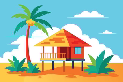 Colorful Beach House Illustration with Palm Tree, Clouds, and Tropical Landscape vector