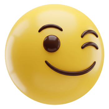 A yellow winking emoji with a smile and one eye closed on a plain isolated digital rendering on transparent background png