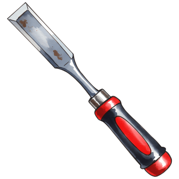 A watercolor style image of a metal chisel tool with a red and gray handle on a plain setting on transparent background png