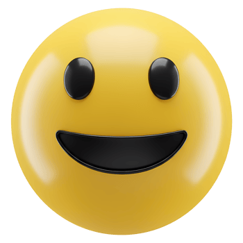 A rendered image of a cheerful yellow emoji with a smile and eyes on a transparent setting view front on transparent background png