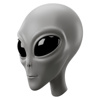 A grey extraterrestrial head with large eyes looking to the side on a plain colored space scene view on transparent background png