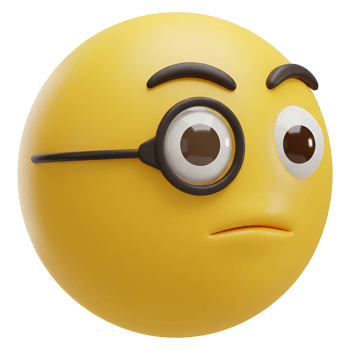 A yellow emoji with a monocle and raised eyebrows looks skeptical and slightly suspicious in a close up view on transparent background png