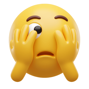 A yellow emoji with hands covering eyes and a sad expression on a plain solid color background space on transparent background png