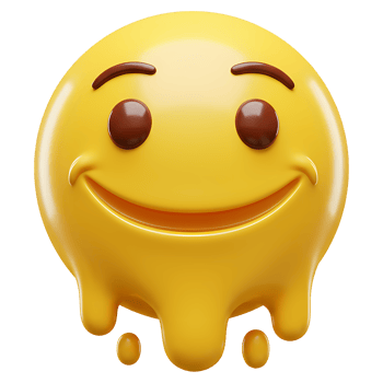 A melting yellow emoji with a happy expression and brown eyes and eyebrows on a plain surrounding on transparent background png
