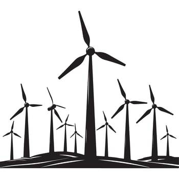 Sustainable Wind Turbine Farm Generating Renewable Energy on a Hilly Landscape vector