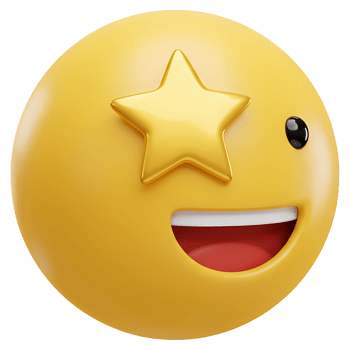 A yellow emoji with a star over one eye and a big smile showing its teeth and red mouth interior on transparent background png