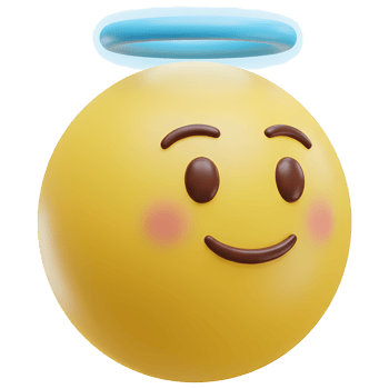 A yellow emoji with a halo above its head and rosy cheeks on a plain colored simple backdrop view on transparent background png