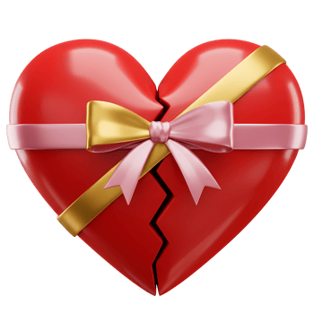 A red heart with a crack wrapped in pink and gold ribbons with bows on a plain color background on transparent background png