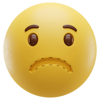 A yellow emoji with a sad expression featuring downturned mouth and furrowed brows on a plain setting on transparent background png
