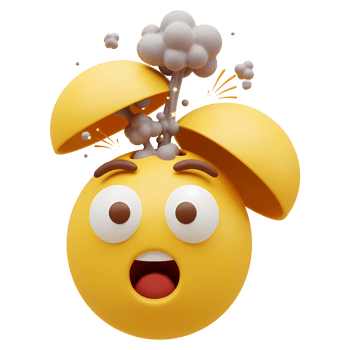 A surprised emoji with its head open and smoke coming out representing an exploding mind concept on transparent background png