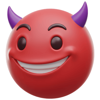 A red emoji with purple horns and a smile on a transparent canvas in a digital render style on transparent background png