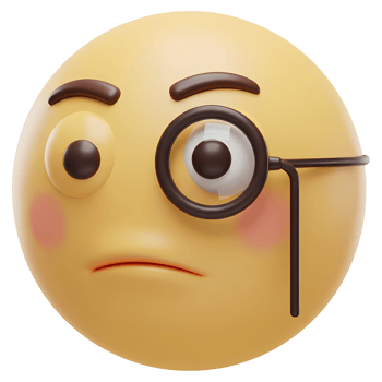 A yellow emoji face with a monocle and a skeptical expression looking to the side with blush cheeks on transparent background png