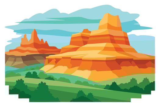 Cartoon Illustration of Arid Mountains with Greenery Underneath a Lightly Cloudy Blue Sky vector