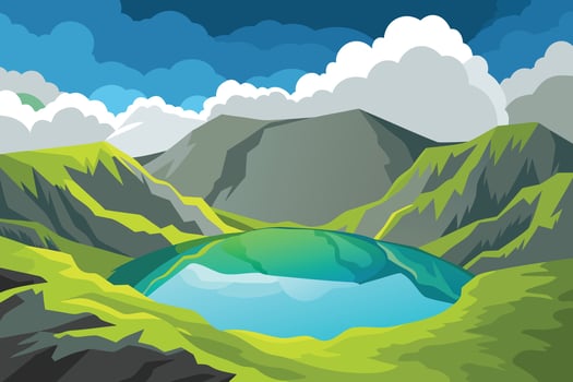 Cartoon Mountain Lake Landscape with Green Hills, Grey Peaks, and Cloudy Blue Sky View vector