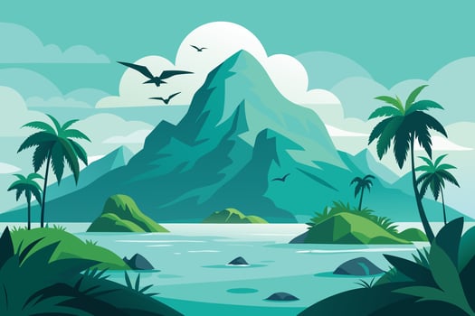 Teal Island Paradise Mountain, Birds, Palm Trees, Lush Greenery, and Calm Turquoise Water vector