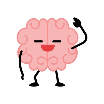 Neutral Human brain character illustration. Healthy inspired active memory, surprise, strong positive emotion, conscious focused intellect, neuroscience, medical care, development. vector