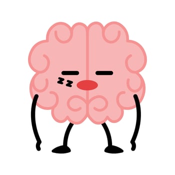 Sleepy Human brain character illustration. Healthy inspired active memory, surprise, strong positive emotion, conscious focused intellect, neuroscience, medical care, development. vector