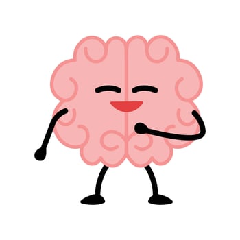 Soft Smiling Human brain character illustration. Healthy inspired active memory, surprise, strong positive emotion, conscious focused intellect, neuroscience, medical care, development. vector