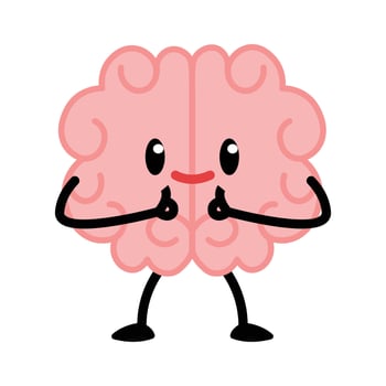 Good Human brain character illustration. Healthy inspired active memory, surprise, strong positive emotion, conscious focused intellect, neuroscience, medical care, development. vector