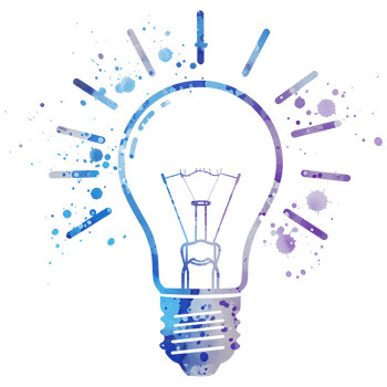 Watercolor lightbulb design with blue and purple hues against a solid colored canvas art piece on transparent background png