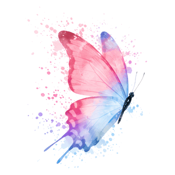 Watercolor butterfly with pink and blue wings and pixelated edges on a plain colored canvas art on transparent background png