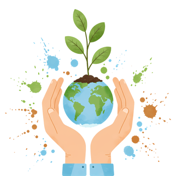 Hands holding a globe with a plant growing out of it surrounded by colorful abstract shapes design on transparent background png