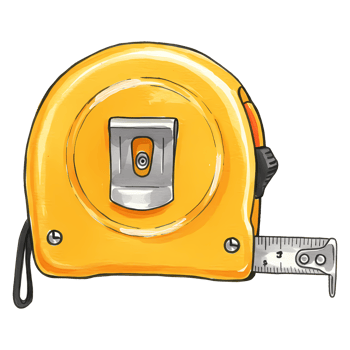 A cartoon style image of a yellow and gray tape measure extended to show measurement markings visible on transparent background png